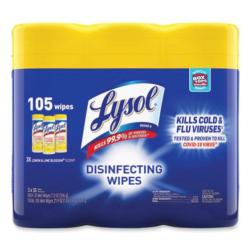 Disinfecting Wipes, 1-Ply, 7 x 7.25, Lemon and Lime Blossom, White, 35 Wipes/Canister, 3 Canisters/Pack, 4 Packs/Carton. Picture 1