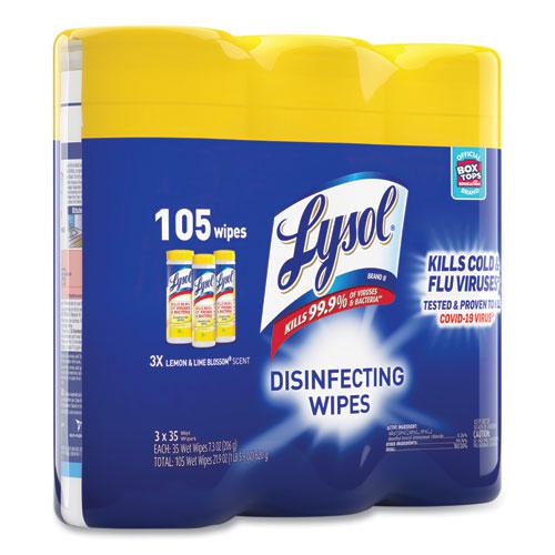 Disinfecting Wipes, 1-Ply, 7 x 7.25, Lemon and Lime Blossom, White, 35 Wipes/Canister, 3 Canisters/Pack, 4 Packs/Carton. Picture 3