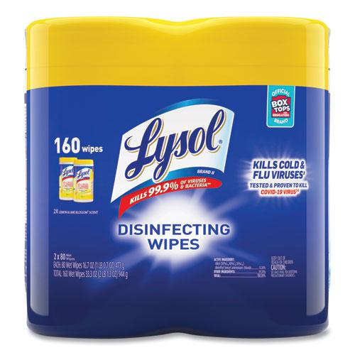 Disinfecting Wipes, 1-Ply, 7 x 7.25, Lemon and Lime Blossom, White, 80 Wipes/Canister, 2 Canisters/Pack. Picture 1