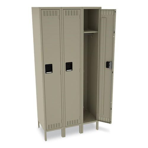Single-Tier Locker with Legs, Three Lockers with Hat Shelves and Coat Rods, 36w x 18d x 78h, Sand. Picture 2