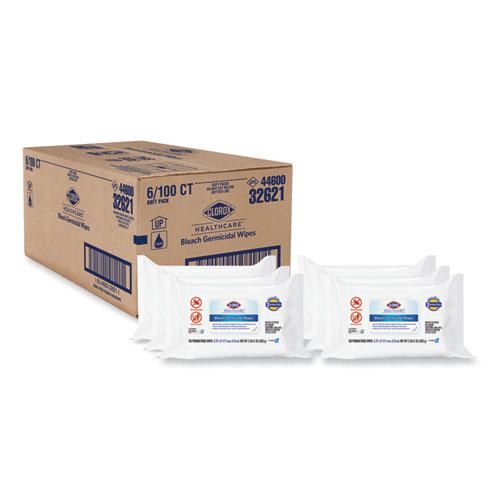 Bleach Germicidal Wipes, 1-Ply, 6.75 x 9, Unscented, White, 100 Wipes/Flat Pack, 6 Packs/Carton. The main picture.