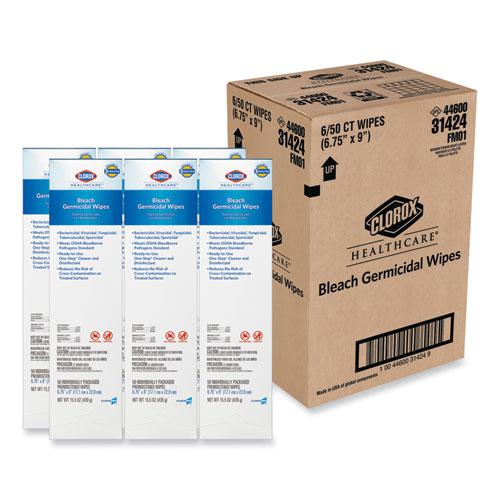 Bleach Germicidal Wipes, 1-Ply, 6.75 x 9, Unscented, White, 50/Box, 6 Boxes/Carton. Picture 1