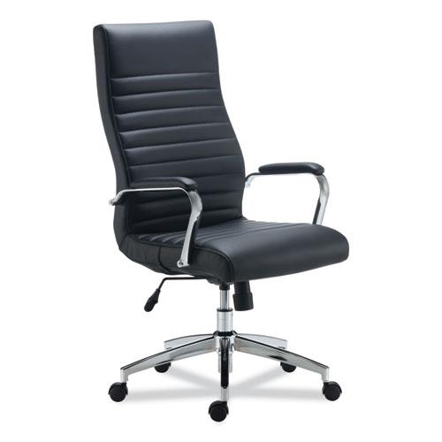 Alera Eddleston Leather Manager Chair, Supports Up to 275 lb, Black Seat/Back, Chrome Base. Picture 1