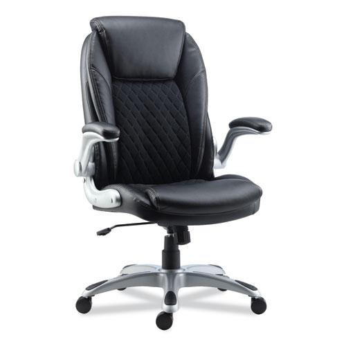 Alera Leithen Bonded Leather Midback Chair, Supports Up to 275 lb, Black Seat/Back, Silver Base. Picture 1
