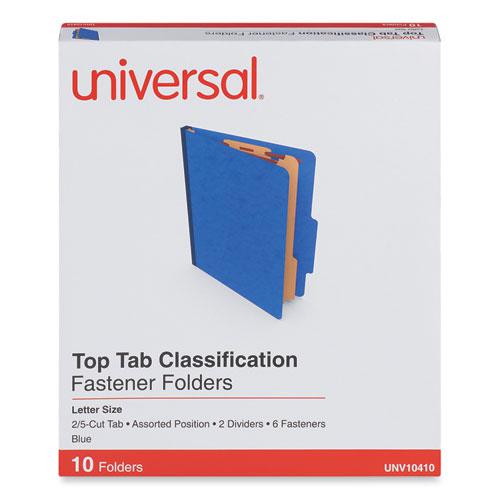 Six-Section Pressboard Classification Folders, 2.5" Expansion, 2 Dividers, 6 Fasteners, Letter Size, Blue, 10/Box. Picture 2