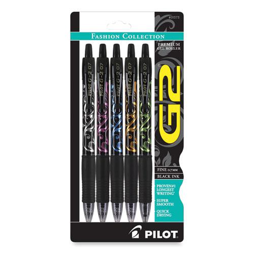 G2 Fashion Premium Gel Pen, Retractable, Fine 0.7 mm, Black Ink, Assorted Barrel Colors, 5/Pack. Picture 1