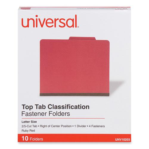 Bright Colored Pressboard Classification Folders, 2" Expansion, 1 Divider, 4 Fasteners, Letter Size, Ruby Red, 10/Box. Picture 1