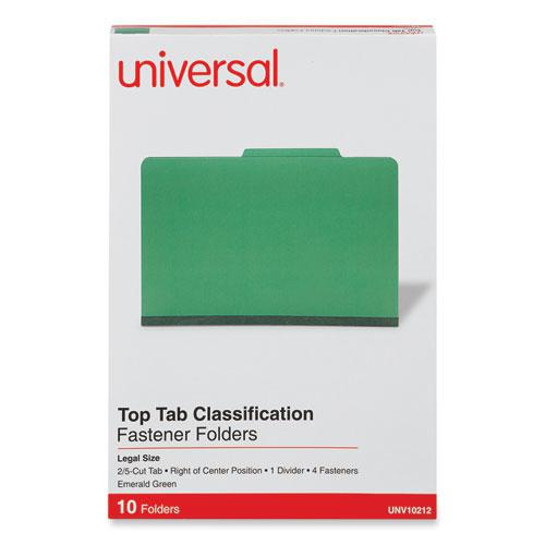 Bright Colored Pressboard Classification Folders, 2" Expansion, 1 Divider, 4 Fasteners, Legal Size, Emerald Green, 10/Box. Picture 2