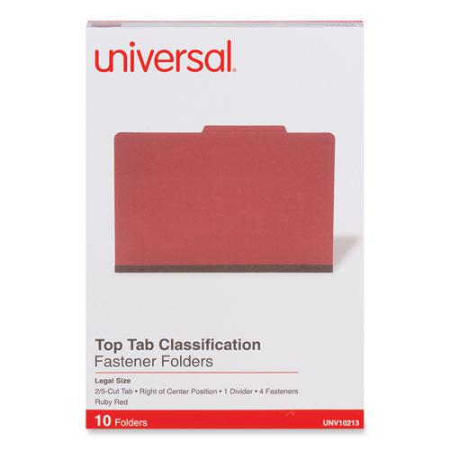 Bright Colored Pressboard Classification Folders, 2" Expansion, 1 Divider, 4 Fasteners, Legal Size, Ruby Red Exterior, 10/Box. Picture 2