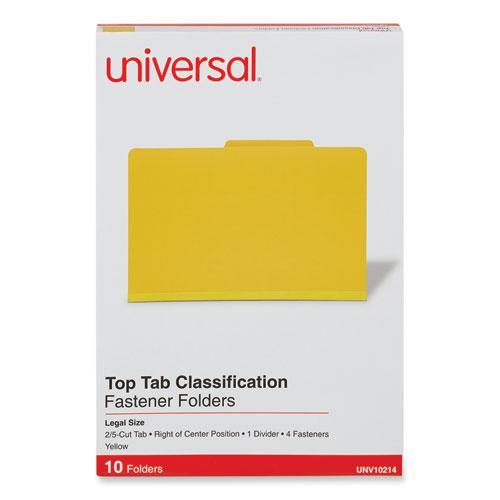 Bright Colored Pressboard Classification Folders, 2" Expansion, 1 Divider, 4 Fasteners, Legal Size, Yellow Exterior, 10/Box. Picture 2
