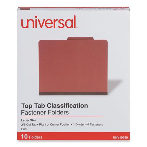 Four-Section Pressboard Classification Folders, 2" Expansion, 1 Divider, 4 Fasteners, Letter Size, Red Exterior, 10/Box. Picture 3