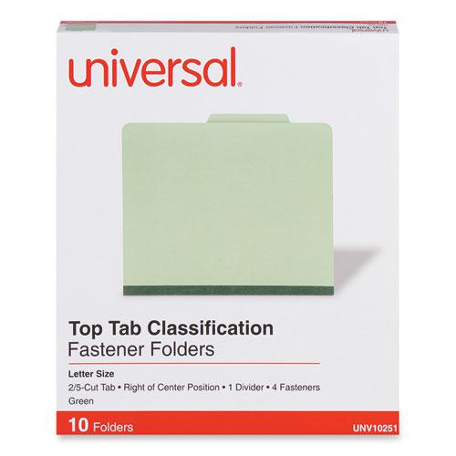 Four-Section Pressboard Classification Folders, 2" Expansion, 1 Divider, 4 Fasteners, Letter Size, Green Exterior, 10/Box. Picture 2