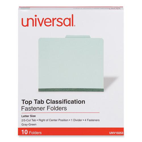 Four-Section Pressboard Classification Folders, 2" Expansion, 1 Divider, 4 Fasteners, Letter Size, Gray-Green, 10/Box. Picture 2