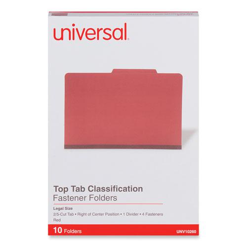 Four-Section Pressboard Classification Folders, 2" Expansion, 1 Divider, 4 Fasteners, Legal Size, Red Exterior, 10/Box. Picture 2