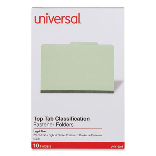 Four-Section Pressboard Classification Folders, 2" Expansion, 1 Divider, 4 Fasteners, Legal Size, Green Exterior, 10/Box. Picture 2
