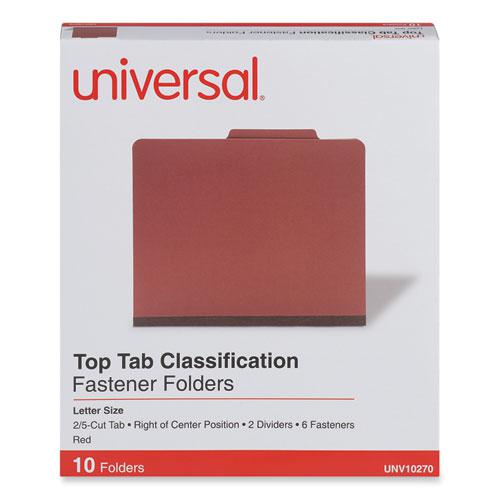 Six-Section Pressboard Classification Folders, 2" Expansion, 2 Dividers, 6 Fasteners, Letter Size, Red Exterior, 10/Box. Picture 2