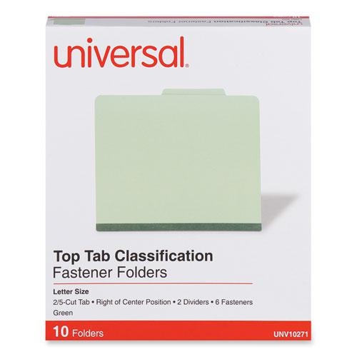 Six-Section Pressboard Classification Folders, 2" Expansion, 2 Dividers, 6 Fasteners, Letter Size, Green Exterior, 10/Box. Picture 2