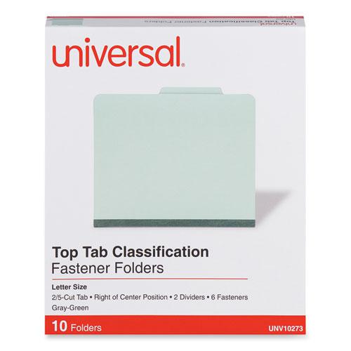 Six-Section Pressboard Classification Folders, 2" Expansion, 2 Dividers, 6 Fasteners, Letter Size, Gray-Green, 10/Box. Picture 2