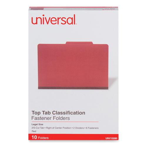 Six-Section Pressboard Classification Folders, 2" Expansion, 2 Dividers, 6 Fasteners, Legal Size, Red Exterior, 10/Box. Picture 2