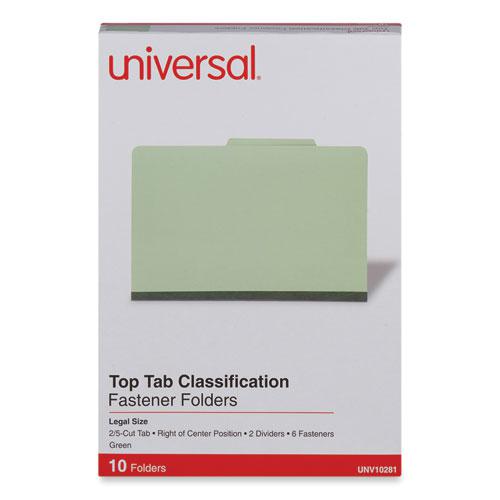 Six-Section Pressboard Classification Folders, 2" Expansion, 2 Dividers, 6 Fasteners, Legal Size, Green Exterior, 10/Box. Picture 2