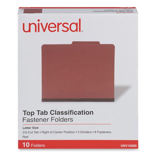 Eight-Section Pressboard Classification Folders, 3" Expansion, 3 Dividers, 8 Fasteners, Letter Size, Red Exterior, 10/Box. Picture 2