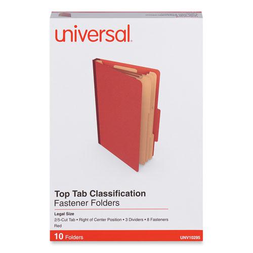 Eight-Section Pressboard Classification Folders, 3" Expansion, 3 Dividers, 8 Fasteners, Legal Size, Red Exterior, 10/Box. Picture 1