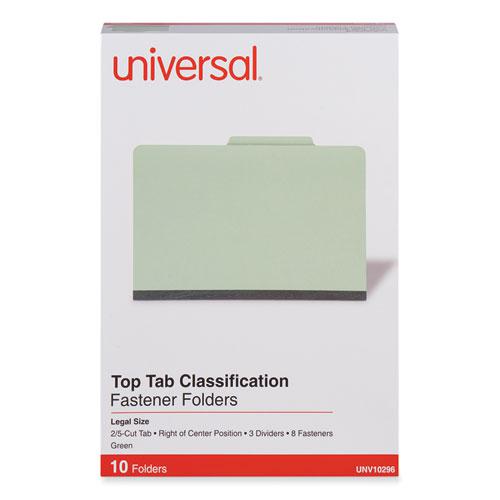 Eight-Section Pressboard Classification Folders, 3" Expansion, 3 Dividers, 8 Fasteners, Legal Size, Green Exterior, 10/Box. Picture 2