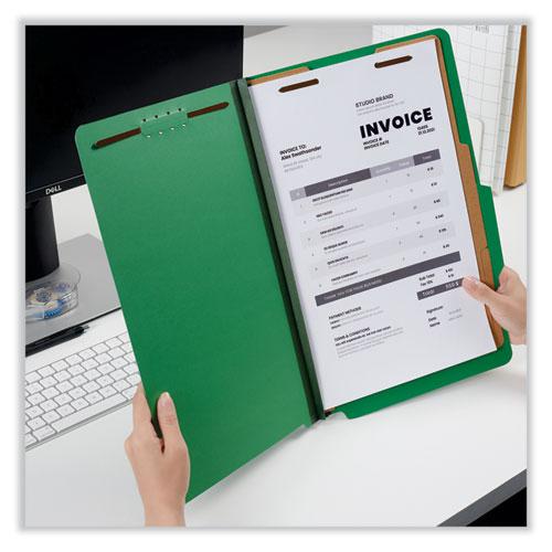 Bright Colored Pressboard Classification Folders, 2" Expansion, 2 Dividers, 6 Fasteners, Legal Size, Emerald Green, 10/Box. Picture 3