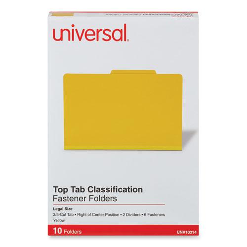 Bright Colored Pressboard Classification Folders, 2" Expansion, 2 Dividers, 6 Fasteners, Legal Size, Yellow Exterior, 10/Box. Picture 2