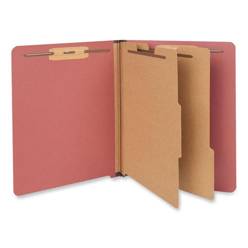 Red Pressboard End Tab Classification Folders, 2" Expansion, 2 Dividers, 6 Fasteners, Letter Size, Red Exterior, 10/Box. Picture 2