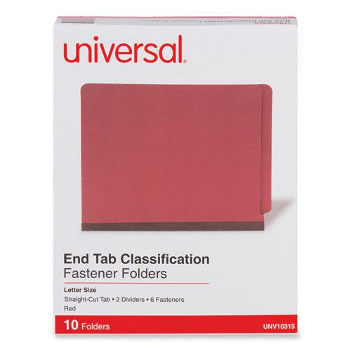 Red Pressboard End Tab Classification Folders, 2" Expansion, 2 Dividers, 6 Fasteners, Letter Size, Red Exterior, 10/Box. Picture 1