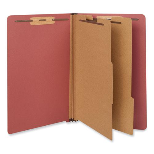 Red Pressboard End Tab Classification Folders, 2" Expansion, 2 Dividers, 6 Fasteners, Legal Size, Red Exterior, 10/Box. Picture 1