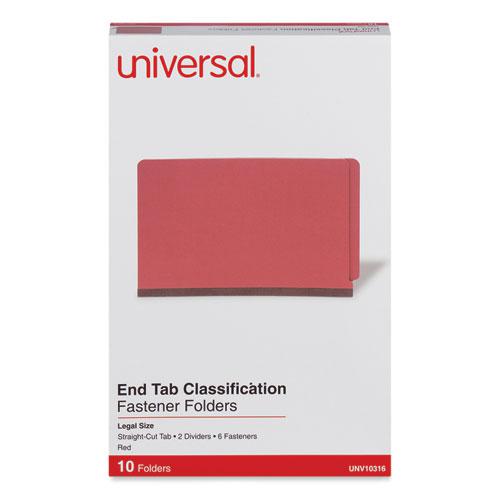 Red Pressboard End Tab Classification Folders, 2" Expansion, 2 Dividers, 6 Fasteners, Legal Size, Red Exterior, 10/Box. Picture 2