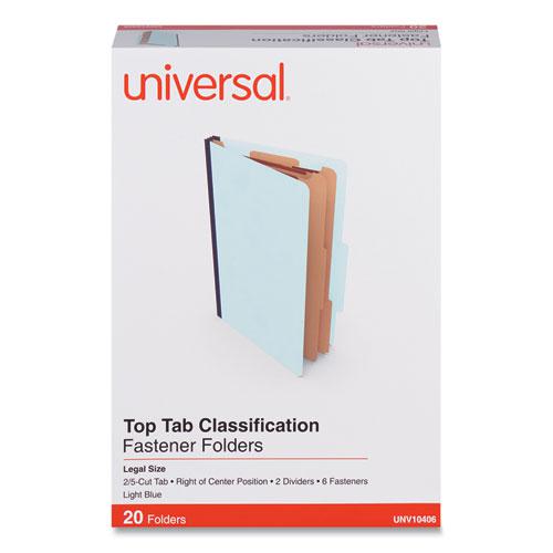 Six-Section Classification Folders, Heavy-Duty Pressboard Cover, 2 Dividers, 6 Fasteners, Legal Size, Light Blue, 20/Box. Picture 2