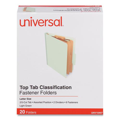 Six-Section Classification Folders, Heavy-Duty Pressboard Cover, 2 Dividers, 6 Fasteners, Letter Size, Light Green, 20/Box. Picture 2