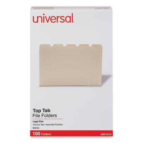 Top Tab File Folders, 1/5-Cut Tabs: Assorted, Legal Size, 0.75" Expansion, Manila, 100/Box. Picture 1