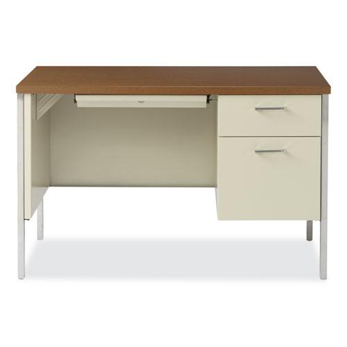 Single Pedestal Steel Desk, 45.25" x 24" x 29.5", Cherry/Putty, Chrome-Plated Legs. Picture 10