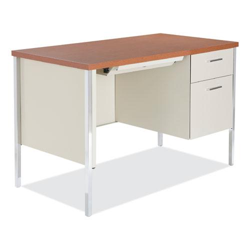 Single Pedestal Steel Desk, 45.25" x 24" x 29.5", Cherry/Putty, Chrome-Plated Legs. Picture 1