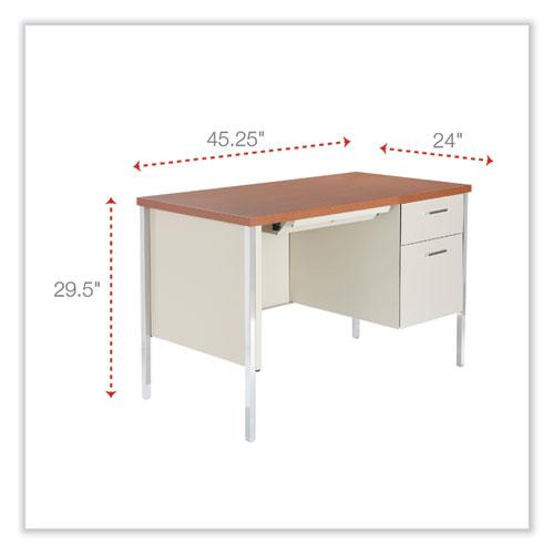 Single Pedestal Steel Desk, 45.25" x 24" x 29.5", Cherry/Putty, Chrome-Plated Legs. Picture 2
