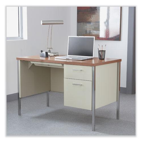 Single Pedestal Steel Desk, 45.25" x 24" x 29.5", Cherry/Putty, Chrome-Plated Legs. Picture 6