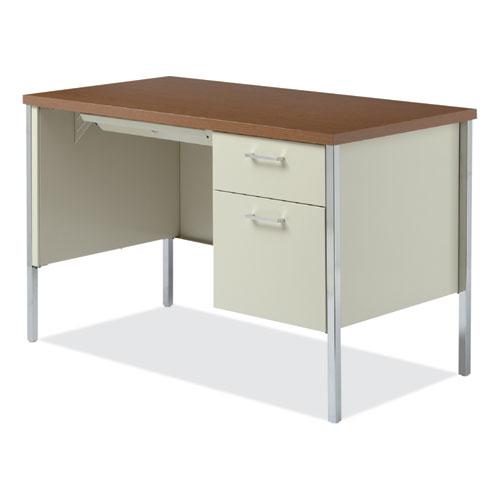 Single Pedestal Steel Desk, 45.25" x 24" x 29.5", Cherry/Putty, Chrome-Plated Legs. Picture 9