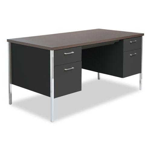 Double Pedestal Steel Desk, 60" x 30" x 29.5", Mocha/Black, Chrome-Plated Legs. Picture 1