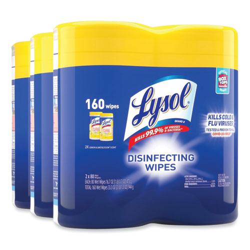 Disinfecting Wipes, 1-Ply, 7 x 7.25, Lemon and Lime Blossom, White, 80 Wipes/Canister, 2 Canisters/Pack, 3 Packs/Carton. Picture 2