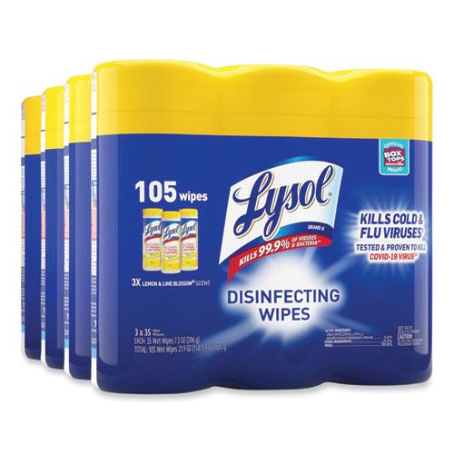 Disinfecting Wipes, 1-Ply, 7 x 7.25, Lemon and Lime Blossom, White, 35 Wipes/Canister, 3 Canisters/Pack, 4 Packs/Carton. Picture 2
