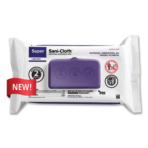 Super Sani-Cloth Germicidal Disposable Wipes, Large, 1-Ply, 8.2 x 9.8, Unscented, White, 80/Pack. Picture 1