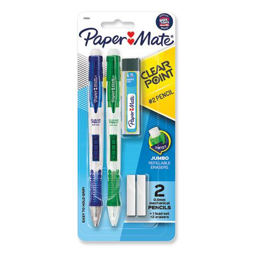 Clear Point Mechanical Pencils with Tube of Lead/Erasers, 0.9 mm, HB (#2), Black Lead, Assorted Barrel Colors, 2/Pack. Picture 1