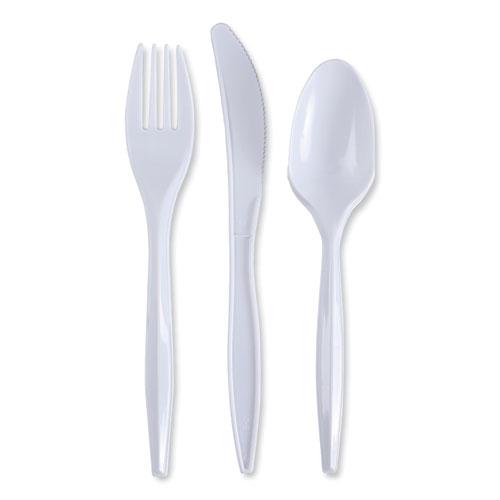 Three-Piece Cutlery Kit, Fork/Knife/Teaspoon, Polypropylene, White, 250/Carton. Picture 1