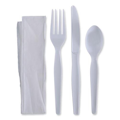 Four-Piece Cutlery Kit, Fork/Knife/Napkin/Teaspoon, Heavyweight, White, 250/Carton. Picture 1