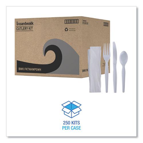 Four-Piece Cutlery Kit, Fork/Knife/Napkin/Teaspoon, Heavyweight, White, 250/Carton. Picture 2