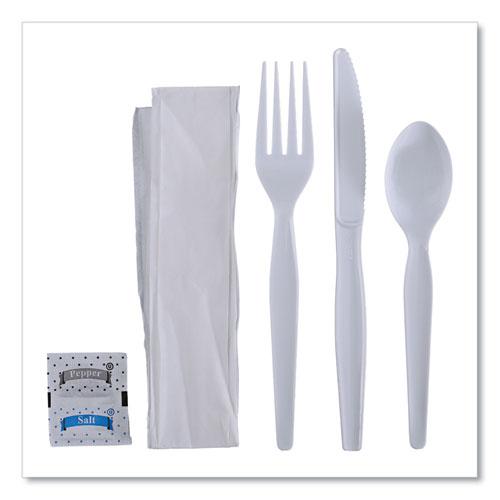 Six-Piece Cutlery Kit, Condiment/Fork/Knife/Napkin/Spoon, Heavyweight, White, 250/Carton. Picture 1